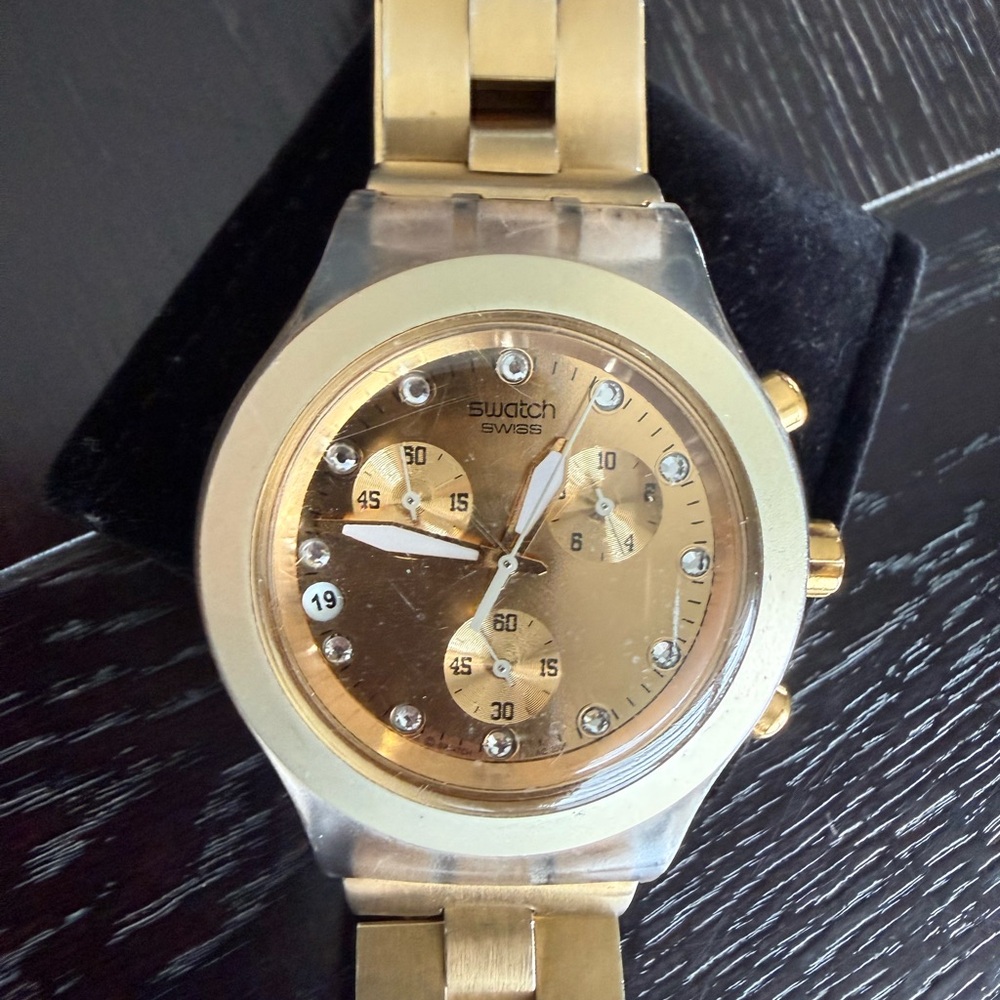 Swatch Gold Chronograph Watch with Crystal Details